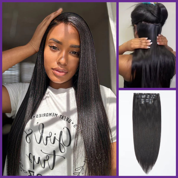 Lakihair  Light Yaki Seamless Clip Ins 9A Brazilian Virgin Hair Natural Black Hair Extension