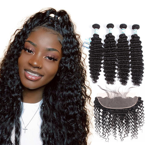 Lakihair 8A Indian Best Virgin Human Hair Deep Wave 4 Bundles With Lace Frontal Closure 13x4