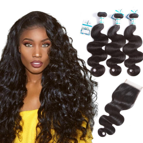 Lakihair 8A Malaysian Human Hair Body Wave 3 Bundles With 4x4 Lace Closure