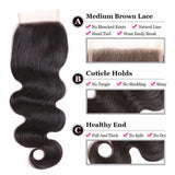 Lakihair 3 Bundles with Lace Closure Body Wave Peruvian Virgin Human Hair