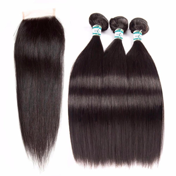 Lakihair Human Hair Weave 3 Bundles With Lace Closure Brazilian Virgin Human Straight Hair Bundles