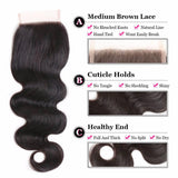 Lakihair 10A Natural Black Brazilian Human Hair Body Wave Lace Closure 4x4 Pre Plucked Hairline