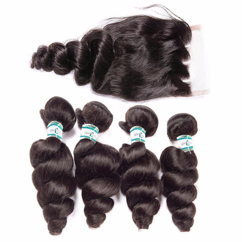 Lakihair 8A Virgin Human Indian Hair Loose Wave 4 Bundles With Lace Closure 4x4