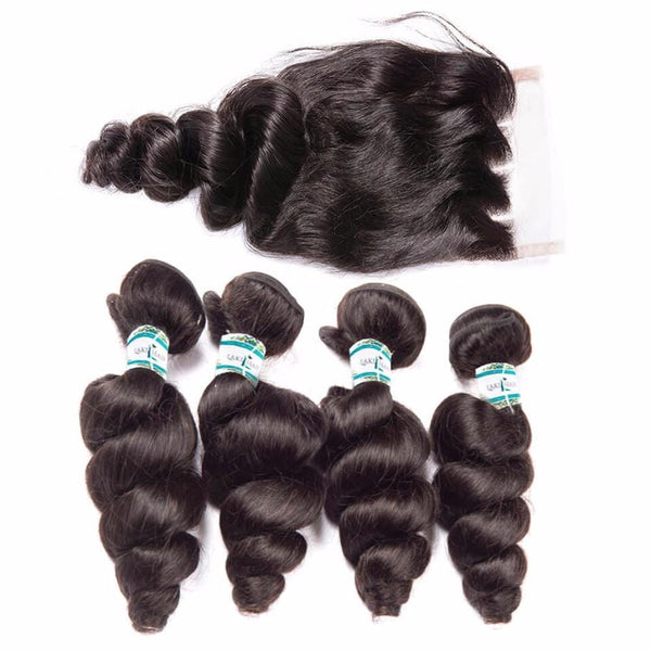 Lakihair 8A Virgin Human Hair Loose Wave 4 Bundles With Lace Closure 4x4