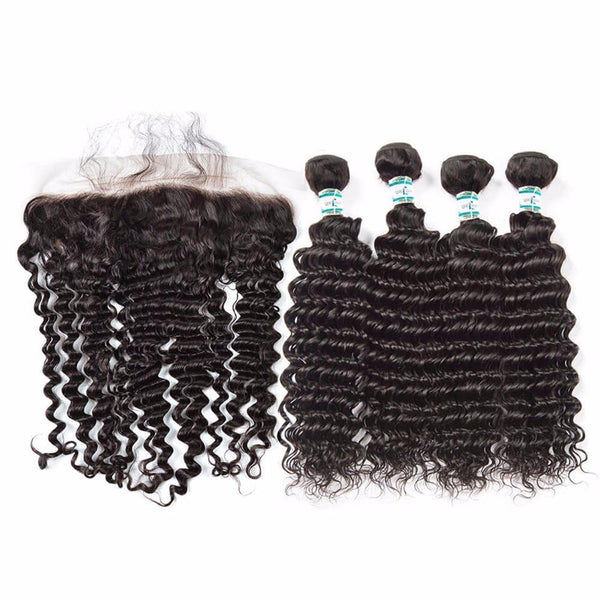 Lakihair Unprocessed Virgin Human Hair 4 Bundles With Lace Frontal Closure Indian Deep Wave Hair Bundles