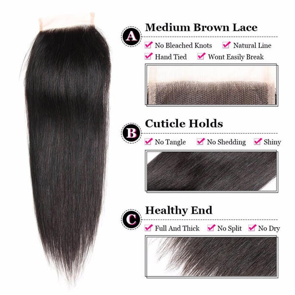 Lakihair 8A Indian Virgin Human Straight Hair 4 Bundles With Lace Closure 4x4