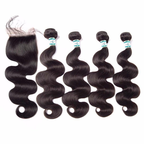 Lakihair 8A Indian Virgin Human Hair Body Wave 4 Bundles With Lace Closure 4x4