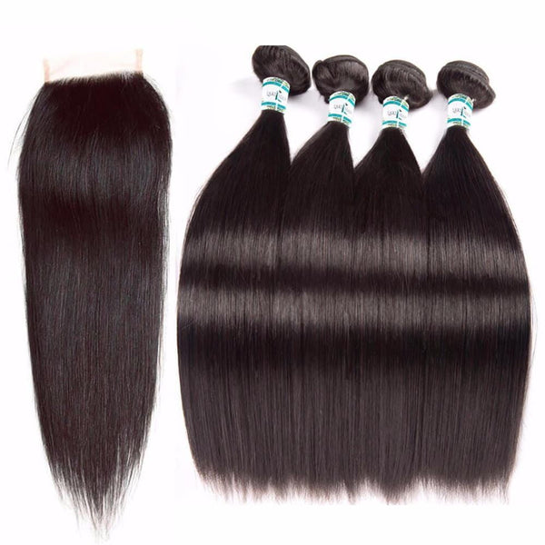 Lakihair 8A Indian Virgin Human Straight Hair 4 Bundles With Lace Closure 4x4