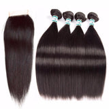 Lakihair 8A Peruvian Virgin Human Straight Hair 4 Bundles With Lace Closure 4x4