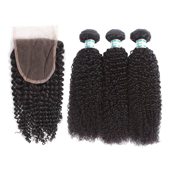 Lakihair 8A Malaysian Human Hair Kinky Curly 3 Bundles With 4x4 Lace Closure