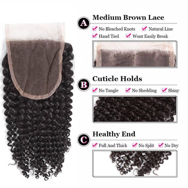 Lakihair 8A Malaysian Human Hair Kinky Curly 3 Bundles With 4x4 Lace Closure