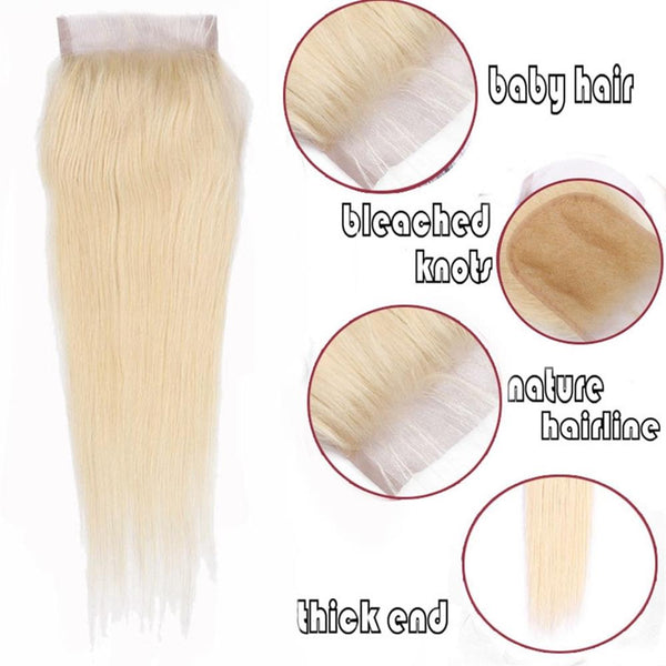 Lakihair 10A 613 Blonde Color Lace Closure 4x4 Brazilian Straight Hair Closure With Baby Hair