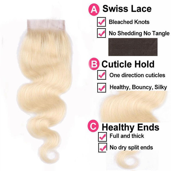 Lakihair 10A 613 Blonde Body Wave Lace Closure 4x4 Brazilian Human Hair  With Baby Hair