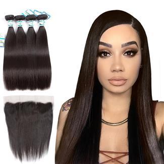 Lakihair 10A Virgin Human Hair Brazilian Straight 4 Bundles With Lace Frontal Closure Pre Plucked