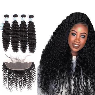 Lakihair 10A Deep Wave Brazilian Virgin Human Hair 4 Bundles With Lace Frontal Closure 13x4