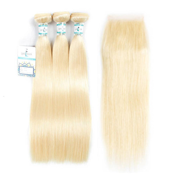 Lakihair 10A Grade 613 Blonde Straight 3 Bundles With Lace Closure 4x4 Brazilian Human Hair