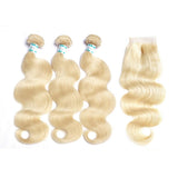 Lakihair 8A 613 Blonde Body Wave 3 Bundles With Lace Closure 4x4 Brazilian Virgin Human Hair