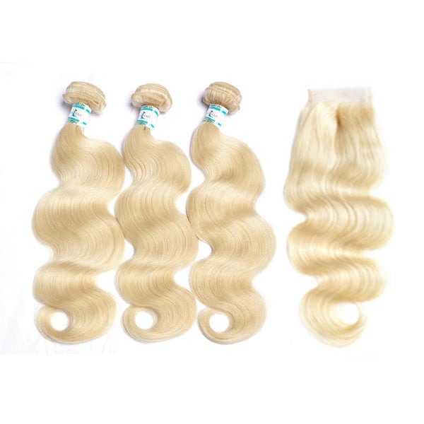 Lakihair 8A 613 Blonde Body Wave 3 Bundles With Lace Closure 4x4 Brazilian Virgin Human Hair