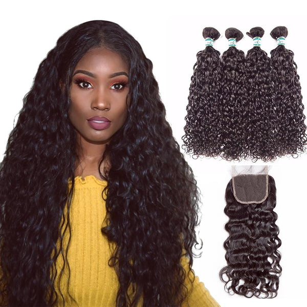 Lakihair 8A Virgin Human Hair Water Wave 4 Bundles With Lace Closure 4x4