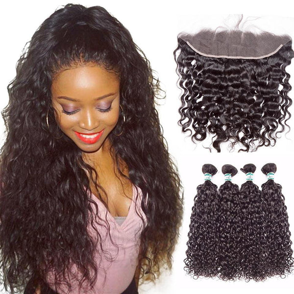 Lakihair 8A Brazilian Virgin Human Water Wave Hair 4 Bundles With 13x4 Frontal Closure