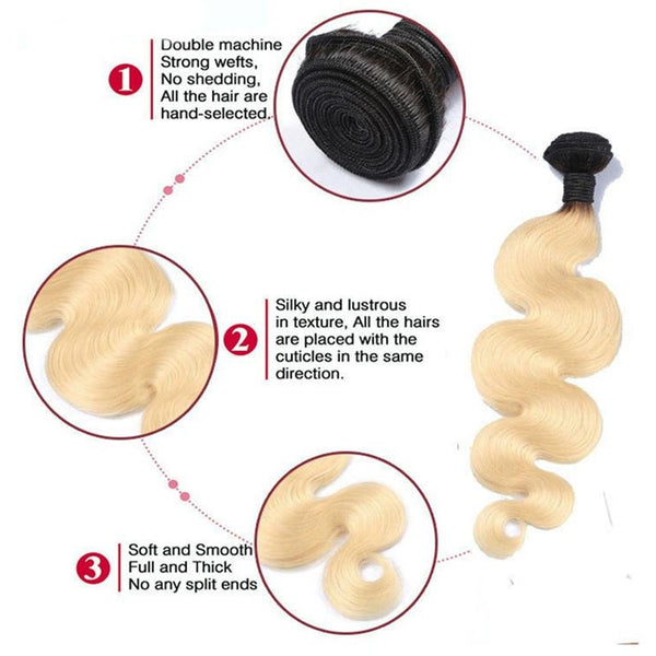 Lakihair 8A Body Wave 4 Bundles 1B/613 Blonde Ombre Unprocessed Virgin Human Hair Weaving
