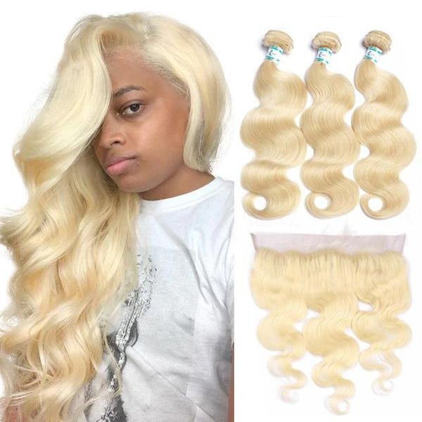 Lakihair 10A 613 Blonde Brazilian 13x4 Lace Frontal With 3 Bundles Body Wave Human Hair Weave