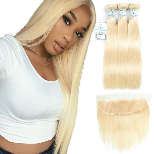 Lakihair 10A Top Quality 613 Blonde Hair Straight 3 Bundles With 13x4 Lace Frontal Brazilian Hair