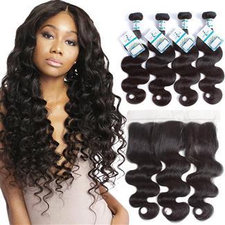 Lakihair 10A Brazilian Virgin Human Hair Body Wave 4 Bundles With Lace Frontal 13x4