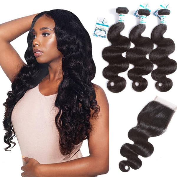 Lakihair 10A 3 Bundles Body Wave Weave With 4x4 Lace Closure Grade Brazilian Virgin Hair