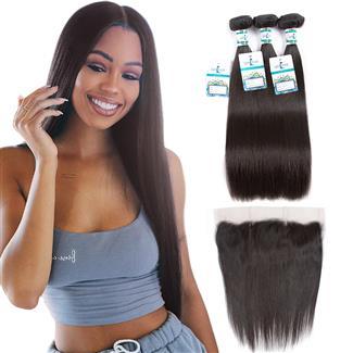 Lakihair 10A Brazilian Virgin Human Hair Straight Hair 3 Bundles With 13x4 Lace Frontal Pre Plucked
