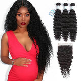Virgin Human Hair 3 Bundles With Lace Closure 4x4 Deep Wave Hair Weaves Lakihair 10A Brazilian