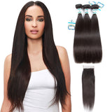 Lakihair 10A Brazilian Straight Hair 3 Bundles With 4x4 Lace Closure Soft Unprocessed Virgin Human Hair