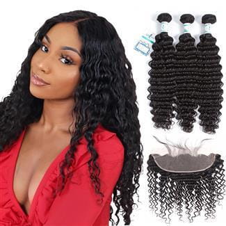 Lakihair Brazilian Deep Wave Human Hair 3 Bundles With Lace Frontal Closure 13x4