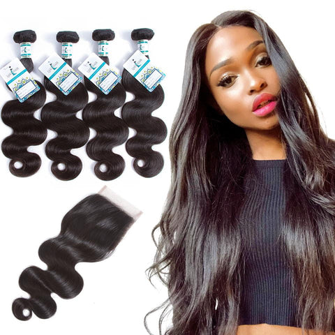 Lakihair 8A Malaysian Virgin Human Hair Body Wave 4 Bundles With Lace Closure 4x4