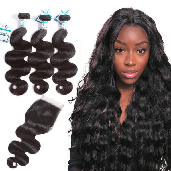 Lakihair 3 Bundles with Lace Closure Body Wave Peruvian Virgin Human Hair