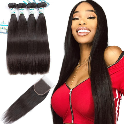 Lakihair 8A Peruvian Virgin Human Straight Hair 4 Bundles With Lace Closure 4x4