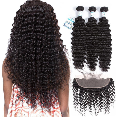 Lakihair Ear To Ear Frontal With Deep Wave 3 Bundles Virgin Hair Extensions