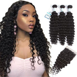 Lakihair 8A Peruvian Human Hair Deep Wave 3 Bundles With Lace Closure 4x4
