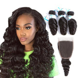 Lakihair 8A Peruvian Human Hair Loose Wave 3 Bundles With 4x4 Lace Closure