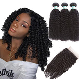 Lakihair 8A Brazilian Kinky Curly 3 Bundles With Lace Closure 4x4 Free Part Middle Part Three Part