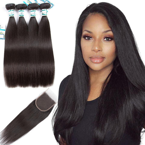 Lakihair 8A Malaysian Virgin Human Straight Hair 4 Bundles With Lace Closure 4x4