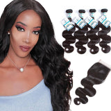 Lakihair 8A Indian Virgin Human Hair Body Wave 4 Bundles With Lace Closure 4x4