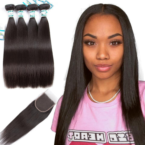 Lakihair 8A Indian Virgin Human Straight Hair 4 Bundles With Lace Closure 4x4