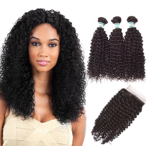 Lakihair 8A Malaysian Human Hair Kinky Curly 3 Bundles With 4x4 Lace Closure