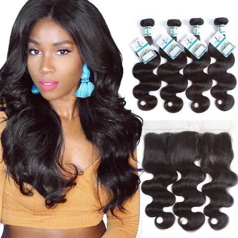 Lakihair Unprocessed Virgin Human Hair 4 Bundles With Lace Frontal Closure Body Wave Hair Bundles