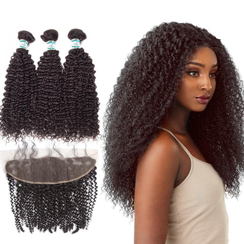 Lakihair Real Malaysian Hair 3 Bundles With Lace Frontal Closure Kinky Curly Hair Bundles