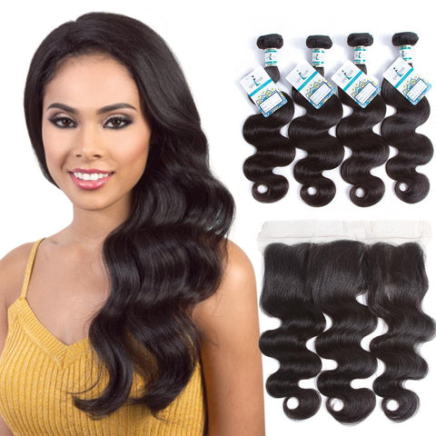 Lakihair Best Peruvian Virgin Human Hair Body Wave 4 Bundles With Lace Frontal Closure 13x4