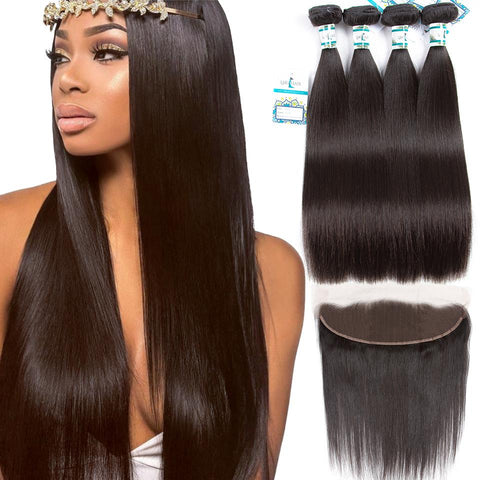 Lakihair 8A Indian Straight Hair 4 Bundles With Lace Frontal Closure 13x4 Pre Plucked