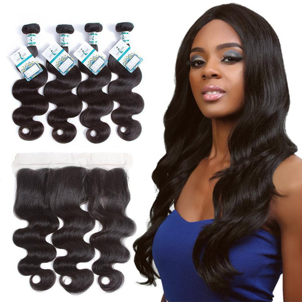 Lakihair 8A Brazilian Virgin Human Body Wave Hair 4 Bundles With 13x4 Frontal Closure