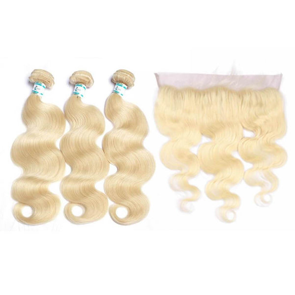 Lakihair 8A 613 Blonde Brazilian Hair Body Wave 3 Bundles With 13x4 Ear To Ear Lace Frontal Closure